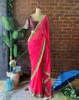 Fuchsia Chiffon Embroidered Saree - Pink saree with gold border
