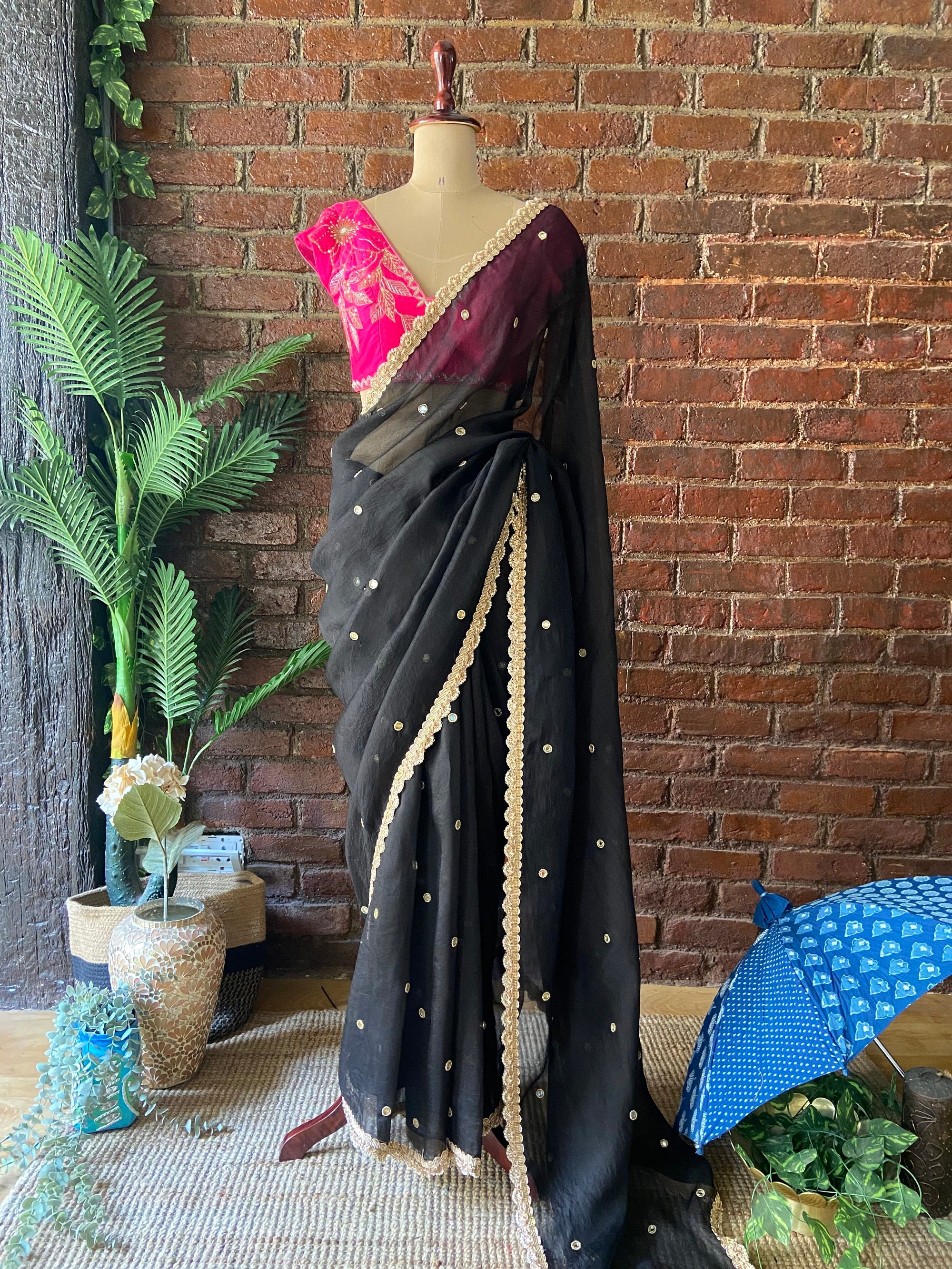 Black Organza Embroidered Saree - Black saree with gold border