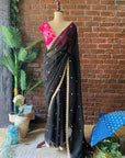 Black Organza Embroidered Saree - Black saree with gold border