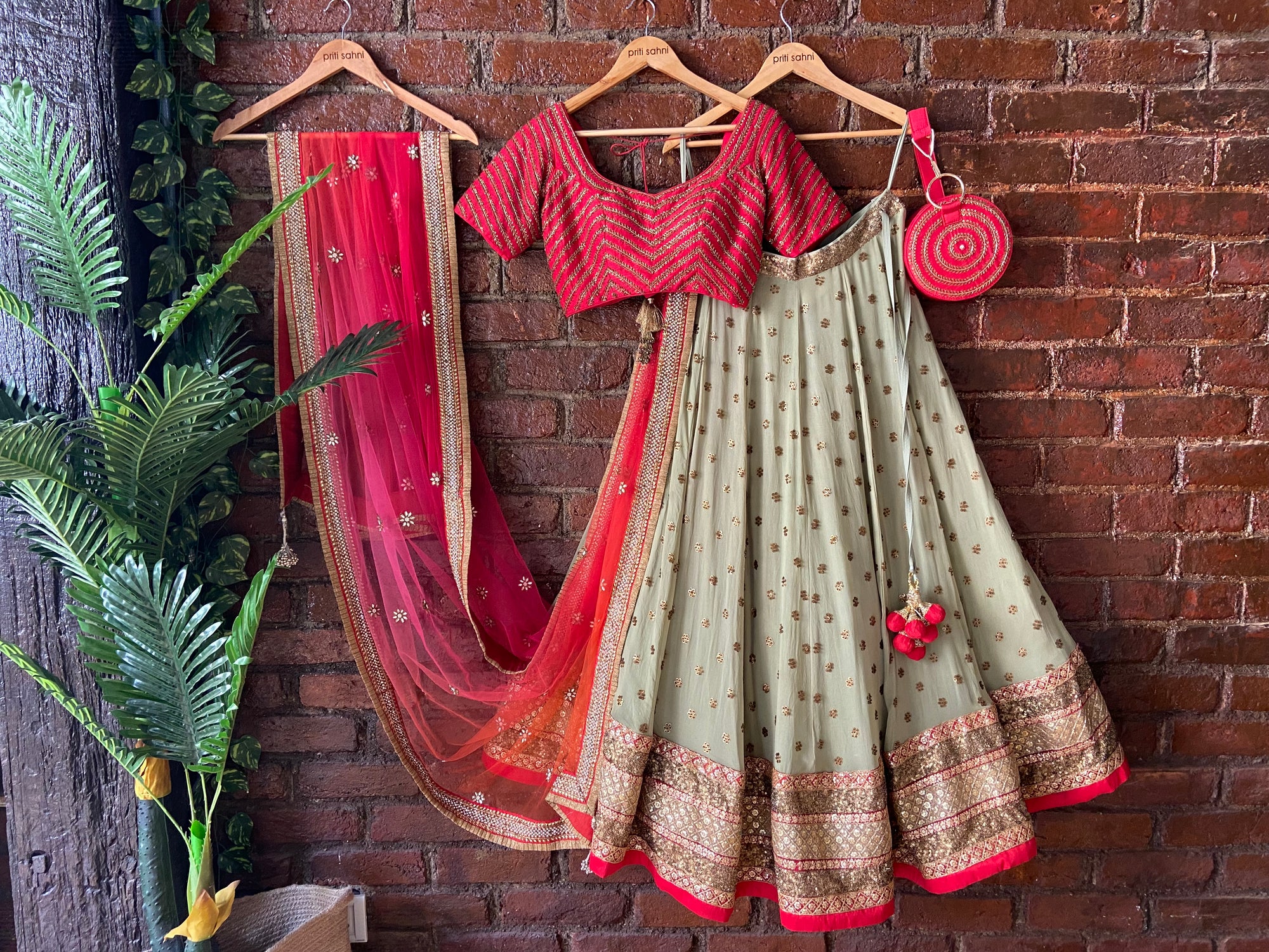Red and Mehendi Green Lehenga Set - lehenga set