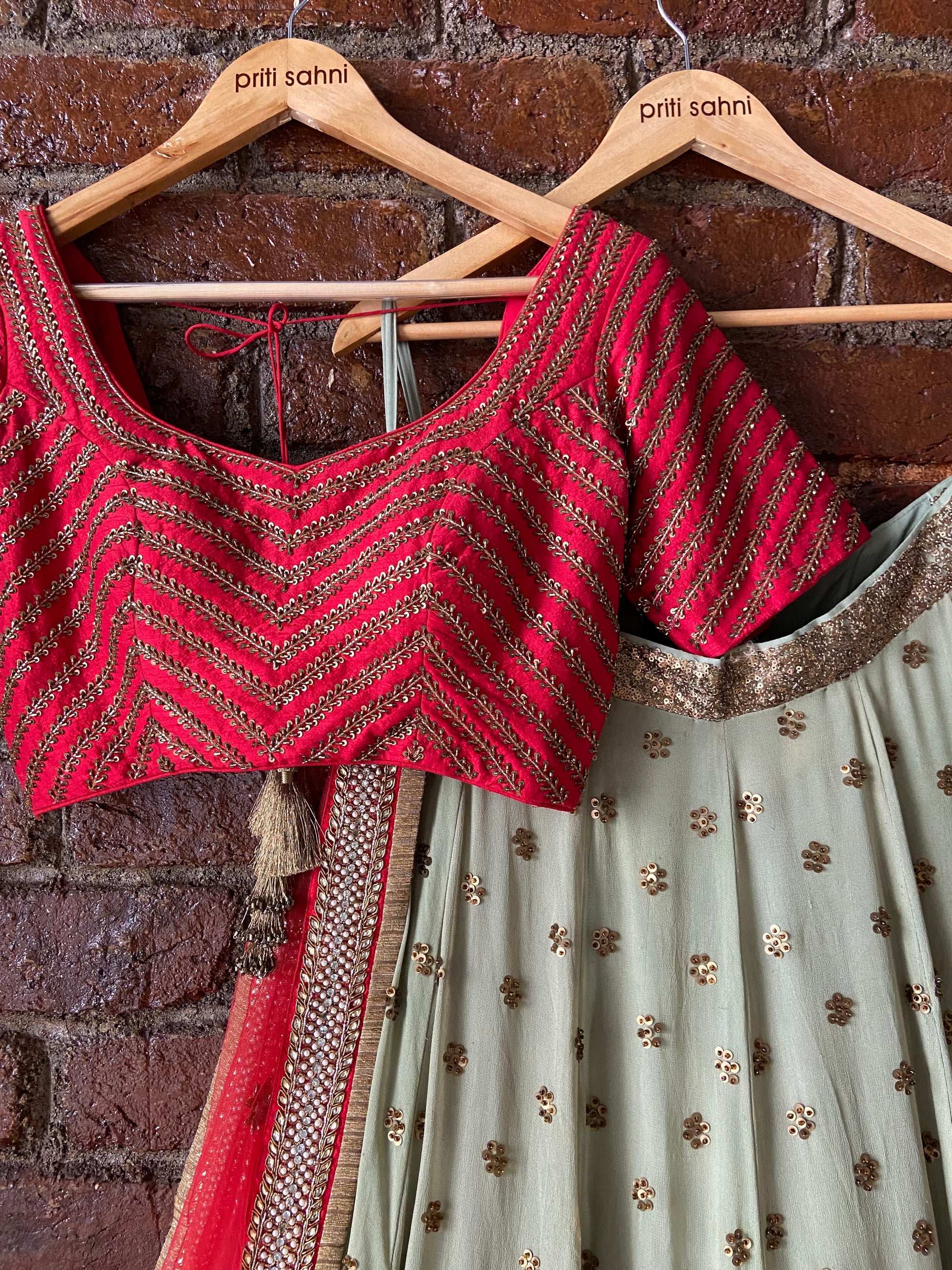 Red and Mehendi Green Lehenga Set - lehenga set