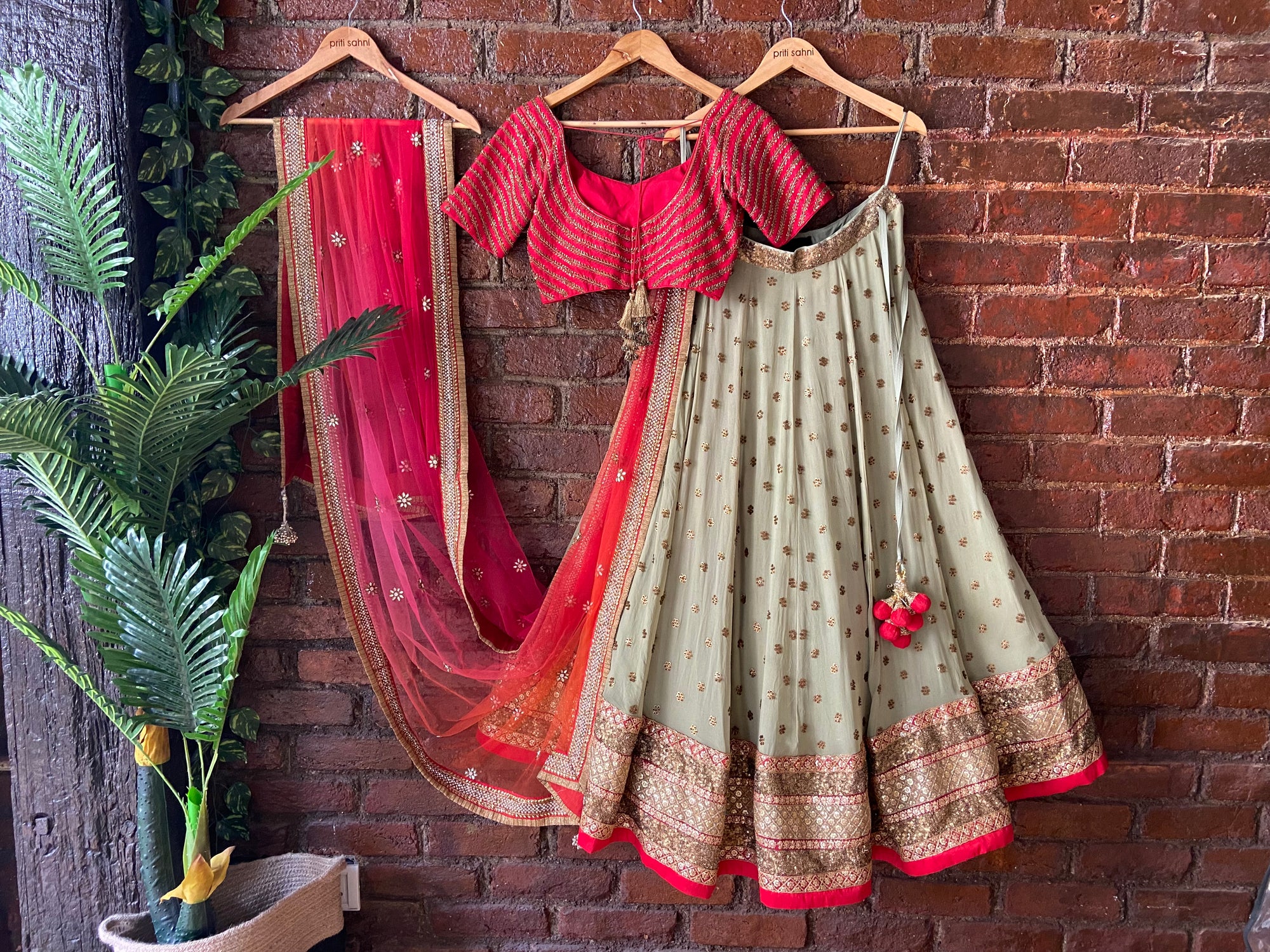 Red and Mehendi Green Lehenga Set - lehenga set