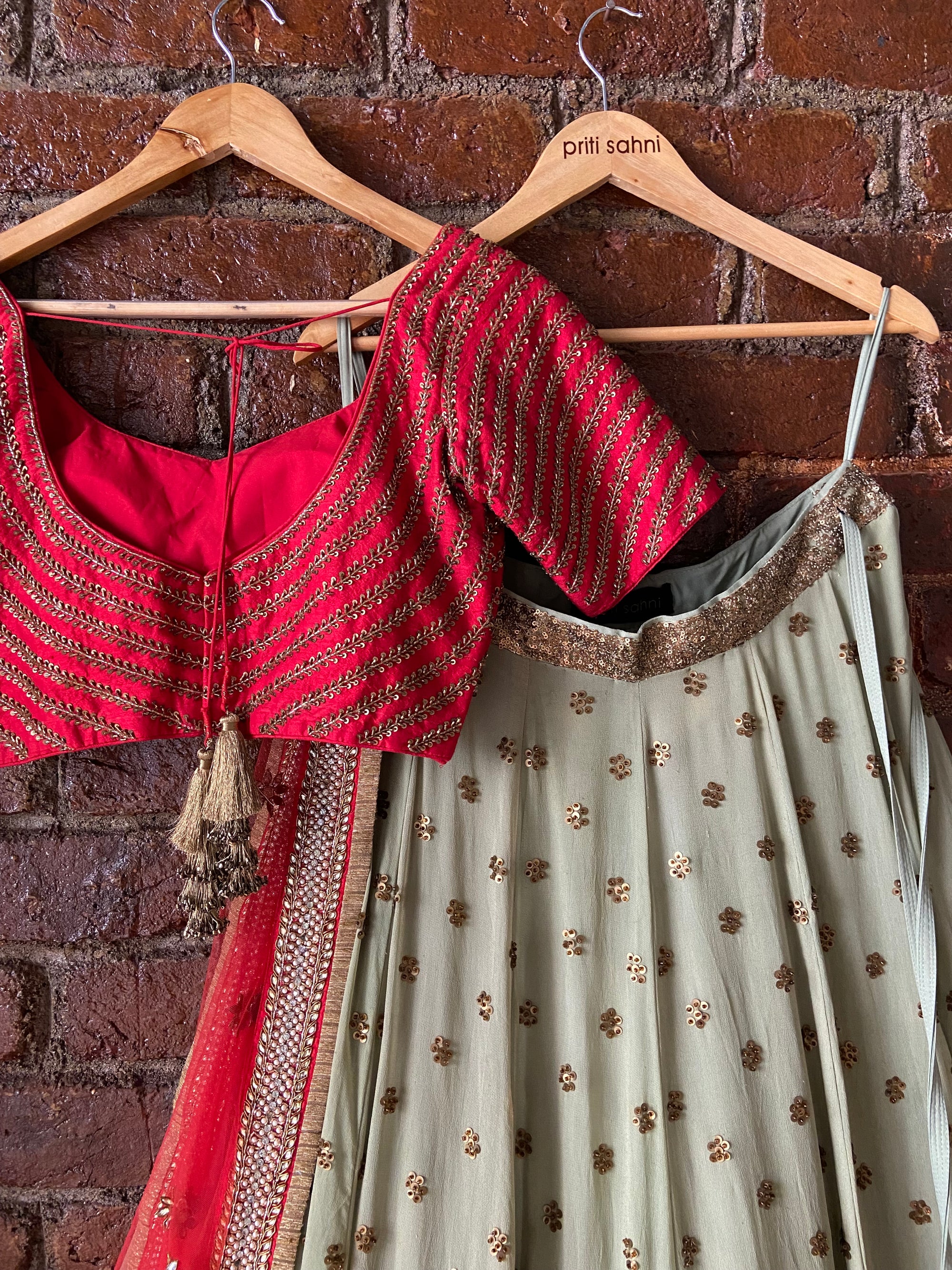 Red and Mehendi Green Lehenga Set - lehenga set
