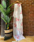 Ivory Hand Painted Organza Saree with Ivory Mirror Work Blouse - mirror work saree New Zealand