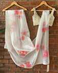 Ivory Hand Painted Organza Saree with Ivory Mirror Work Blouse - mirror work saree New Zealand
