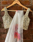 Ivory Hand Painted Organza Saree with Ivory Mirror Work Blouse - mirror work saree New Zealand