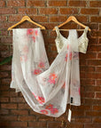 Ivory Hand Painted Organza Saree with Ivory Mirror Work Blouse - mirror work saree New Zealand