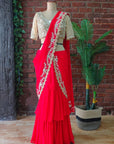 Red and Nude Mirror Work Pre-Stitched Saree - red saree Canada