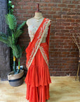 Red Rust and Cream Pre-Stitched Ruffle Saree - ladies indian outfit