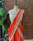 Red Rust and Cream Pre-Stitched Ruffle Saree - ladies indian outfit