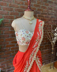 Red Rust and Cream Pre-Stitched Ruffle Saree - ladies indian outfit