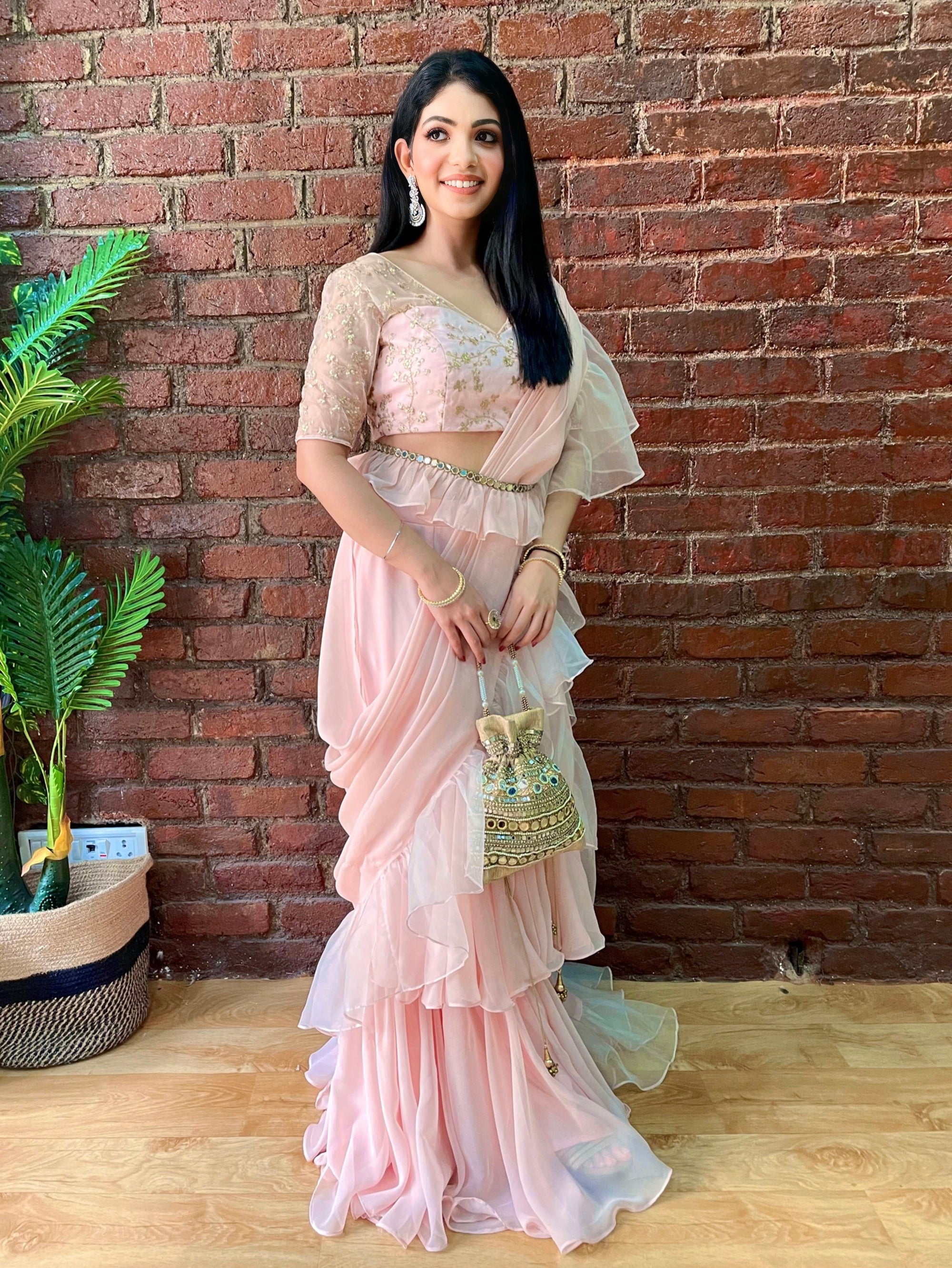 Powder Pink Ruffle Pre-Stitched Saree - ruffle saree USA