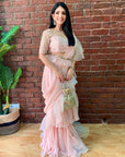 Powder Pink Ruffle Pre-Stitched Saree - ruffle saree USA