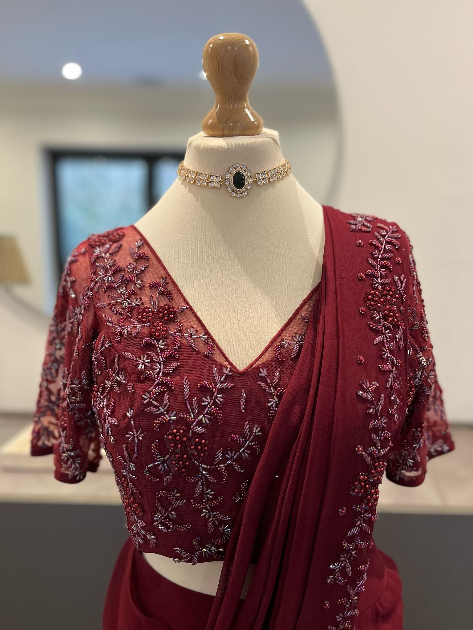 Burgundy Ruffle Saree with Self Embroidery - Indian Red embroidered saree