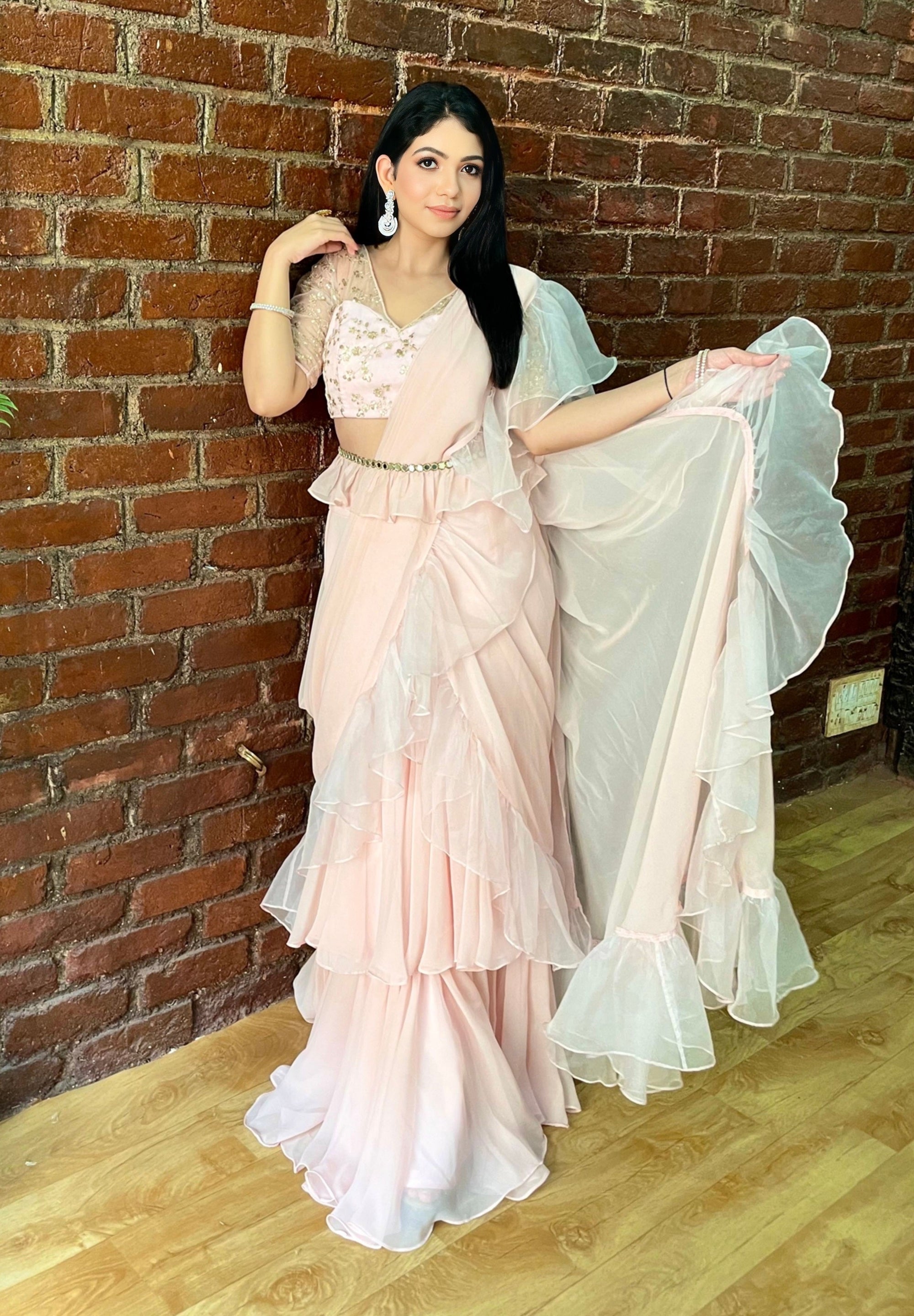 Powder Pink Ruffle Pre-Stitched Saree - ruffle saree USA