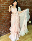Powder Pink Ruffle Pre-Stitched Saree - ruffle saree USA