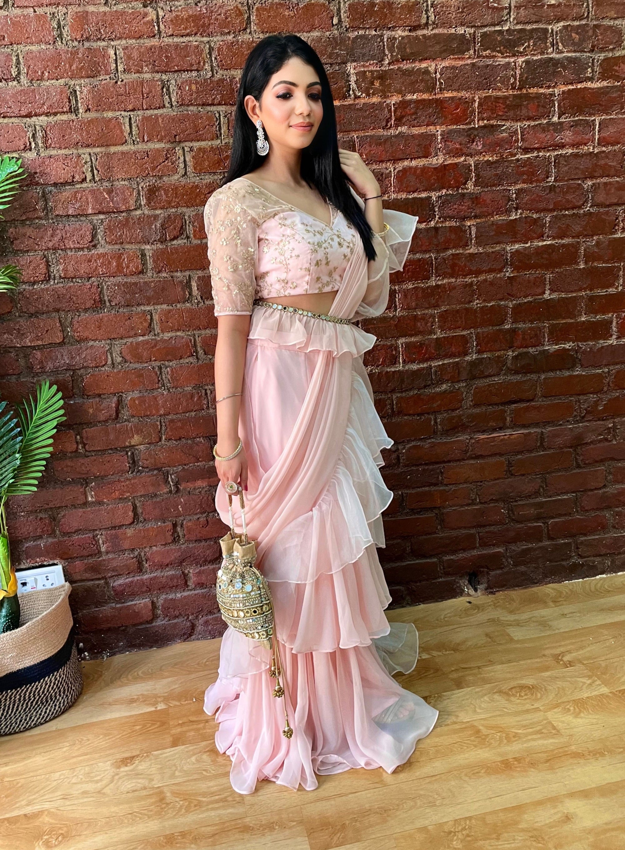 Powder Pink Ruffle Pre-Stitched Saree - ruffle saree USA