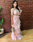 Powder Pink Ruffle Pre-Stitched Saree - ruffle saree USA