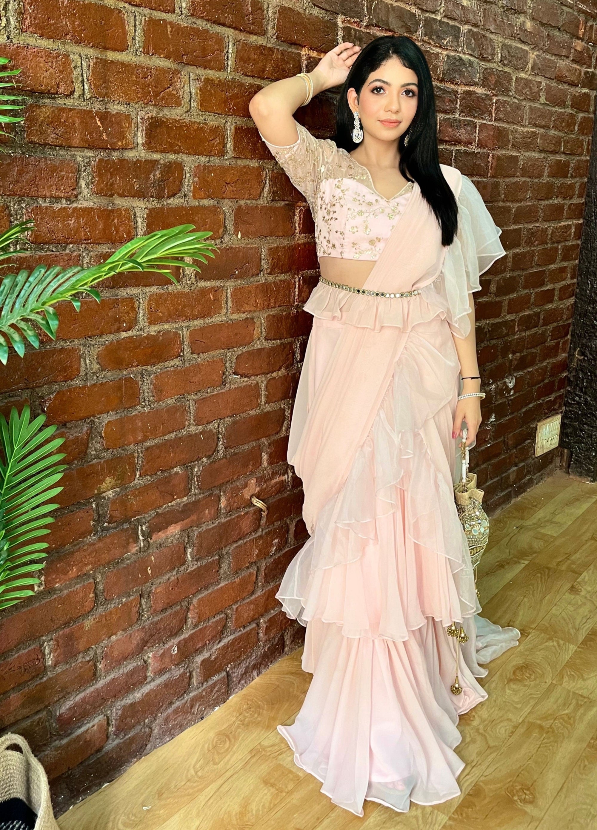 Powder Pink Ruffle Pre-Stitched Saree - ruffle saree USA