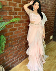 Powder Pink Ruffle Pre-Stitched Saree - ruffle saree USA