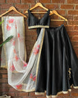 Black Raw Silk Lehenga Set with Hand Painted Dupatta - black lehenga New Zealand