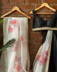 Black Raw Silk Lehenga Set with Hand Painted Dupatta - black lehenga New Zealand