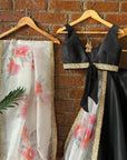 Black Raw Silk Lehenga Set with Hand Painted Dupatta - black lehenga New Zealand