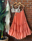 Ivory Swan and Peach Ruffle Lehenga Set - ivory lehenga New Zealand