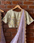 Lavender Saree and Mint Green Embroidered Blouse Set - india saree