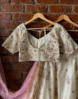 Ivory and Pink Resham and Mirror Hand Embroidered Lehenga Set - indian embroidered dress