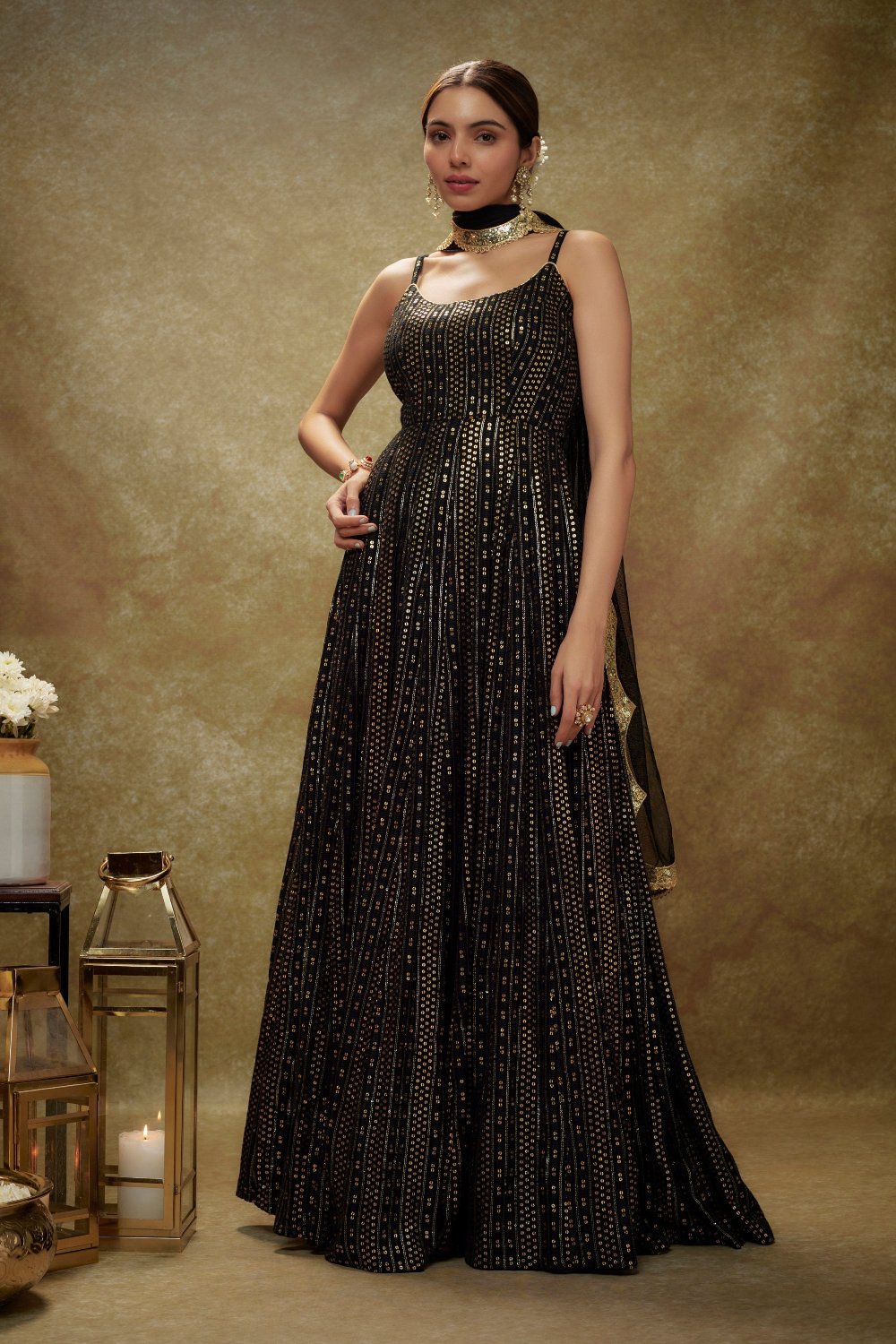 Black and Gold Sequin Anarkali Gown - anarkali dress