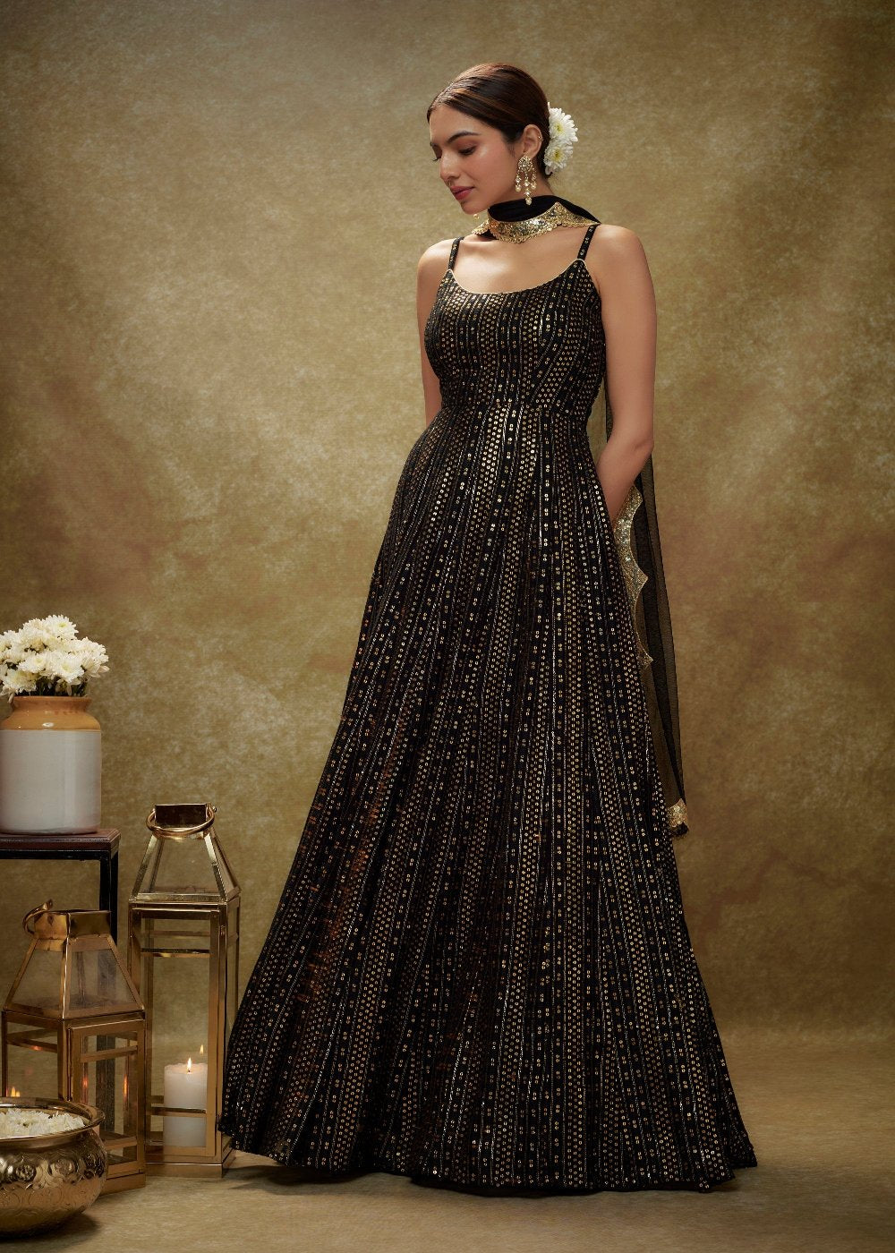 Black and Gold Sequin Anarkali Gown - anarkali dress
