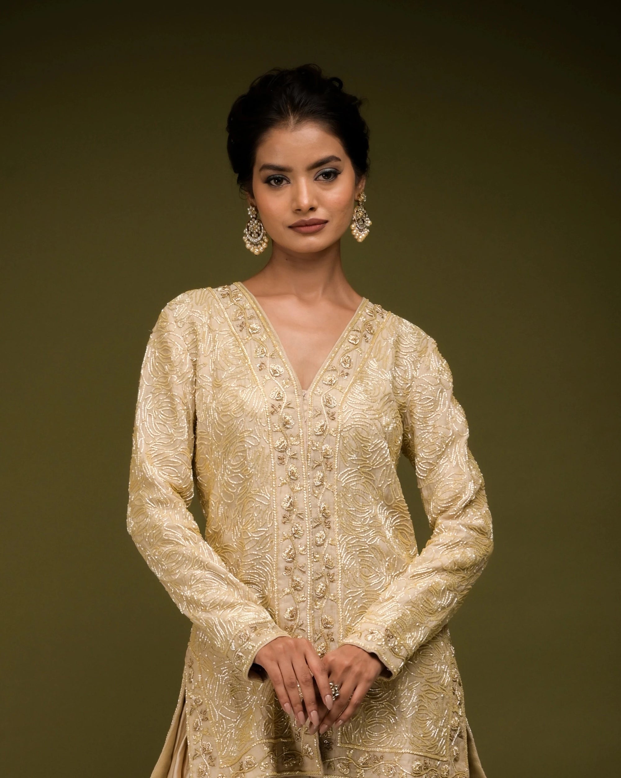Ivory Beige Embroidered Jacket Kurta Set - ivory kurta set USA