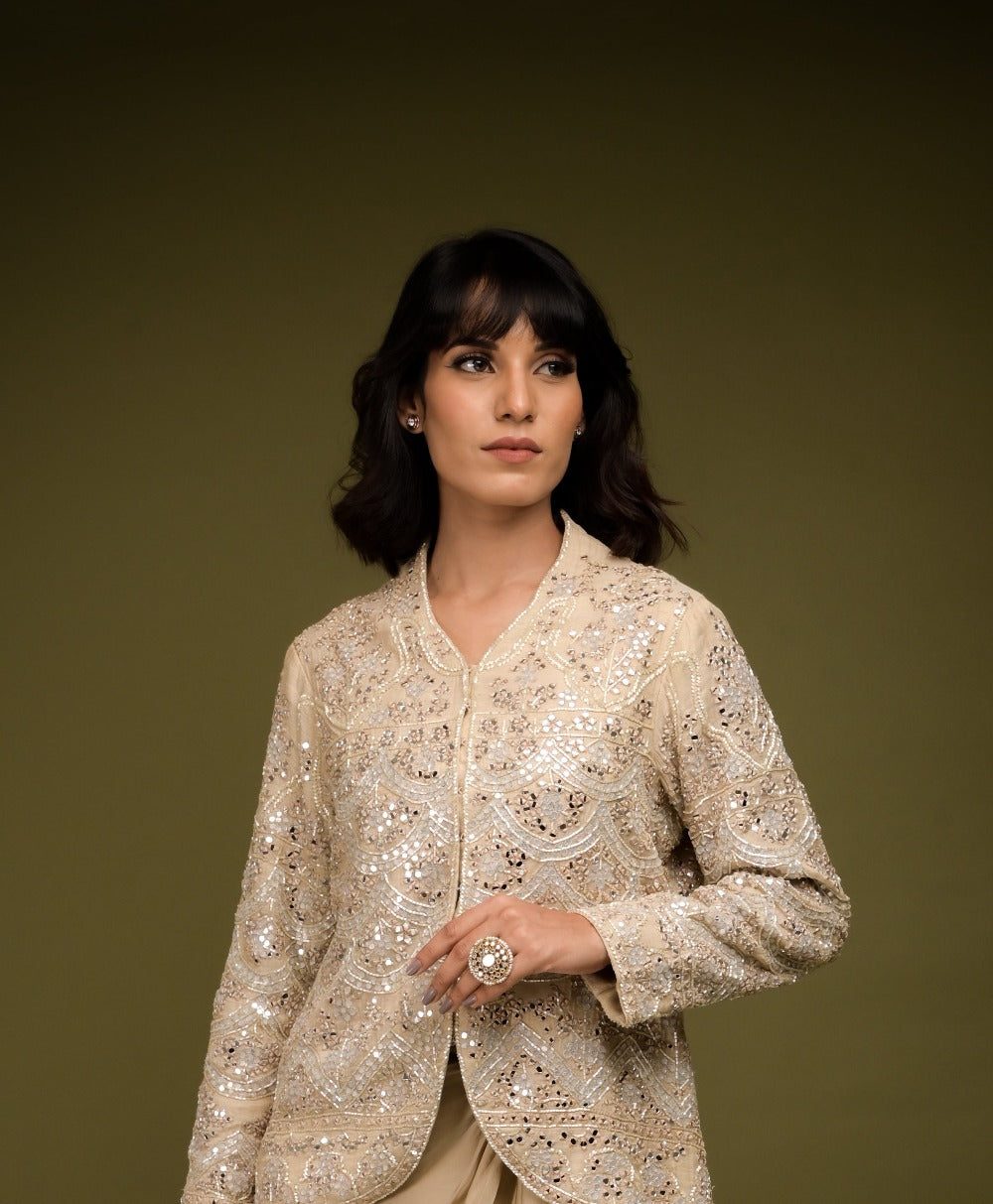 Ivory Beige Jacket Drape Skirt Set - indian fashion