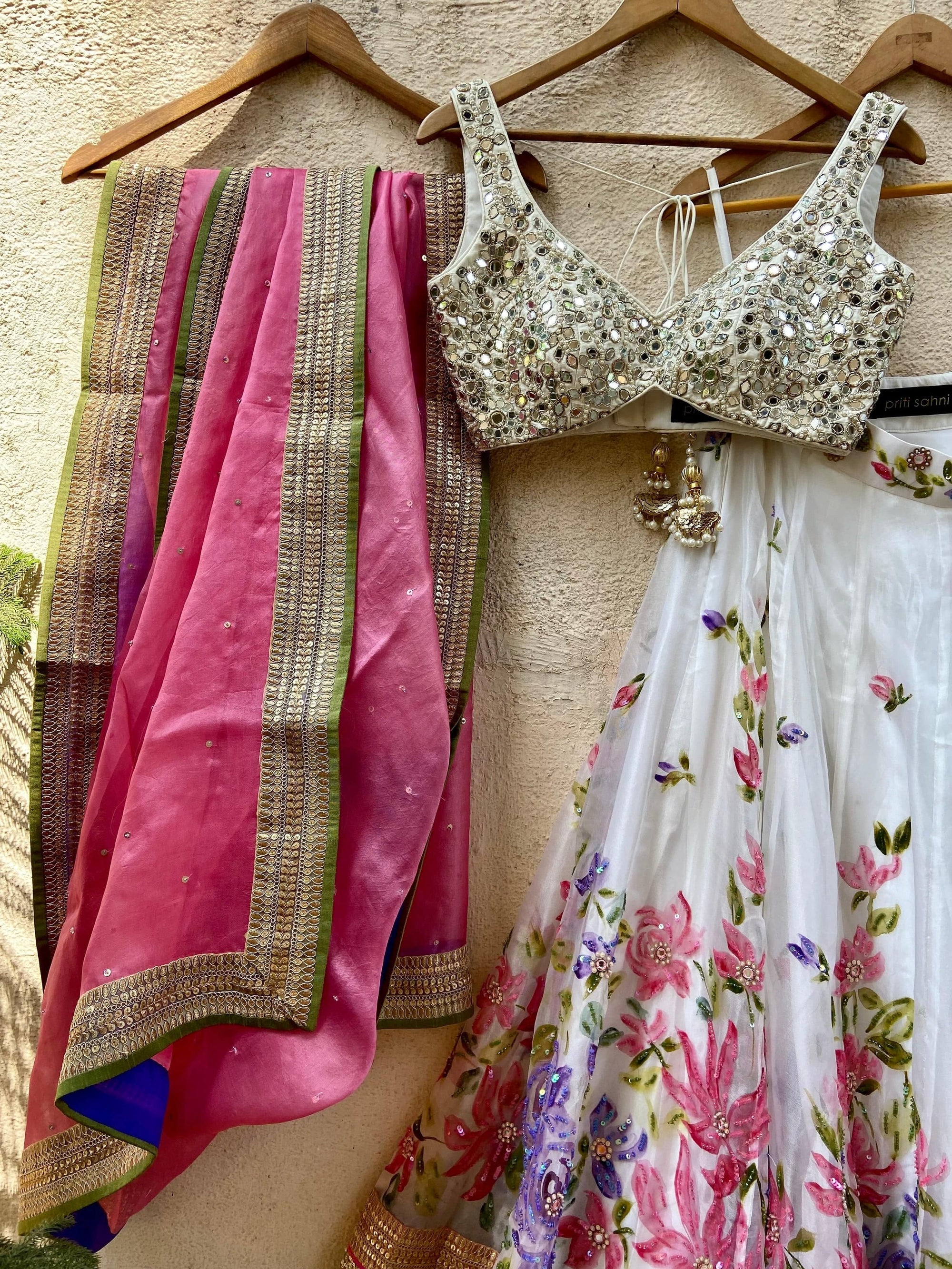Ivory Hand Painted Organza Lehenga Set with Mirror work Blouse - mirror work lehenga USA