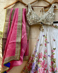 Ivory Hand Painted Organza Lehenga Set with Mirror work Blouse - mirror work lehenga USA