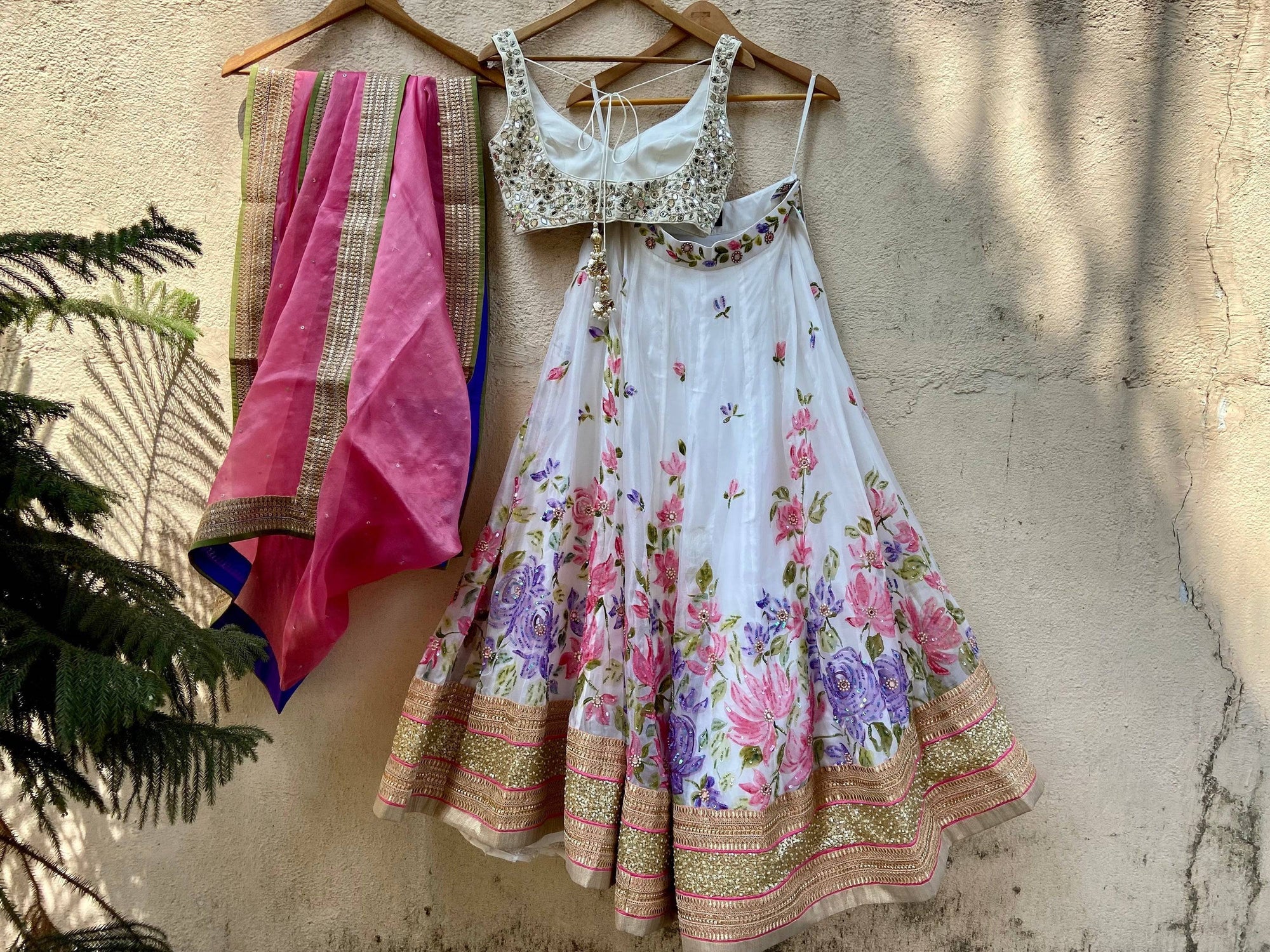 Ivory Hand Painted Organza Lehenga Set with Mirror work Blouse - mirror work lehenga New Zealand