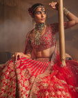 Red Jahanara Heavily Embroidered Lehenga - red bridal lehenga Australia