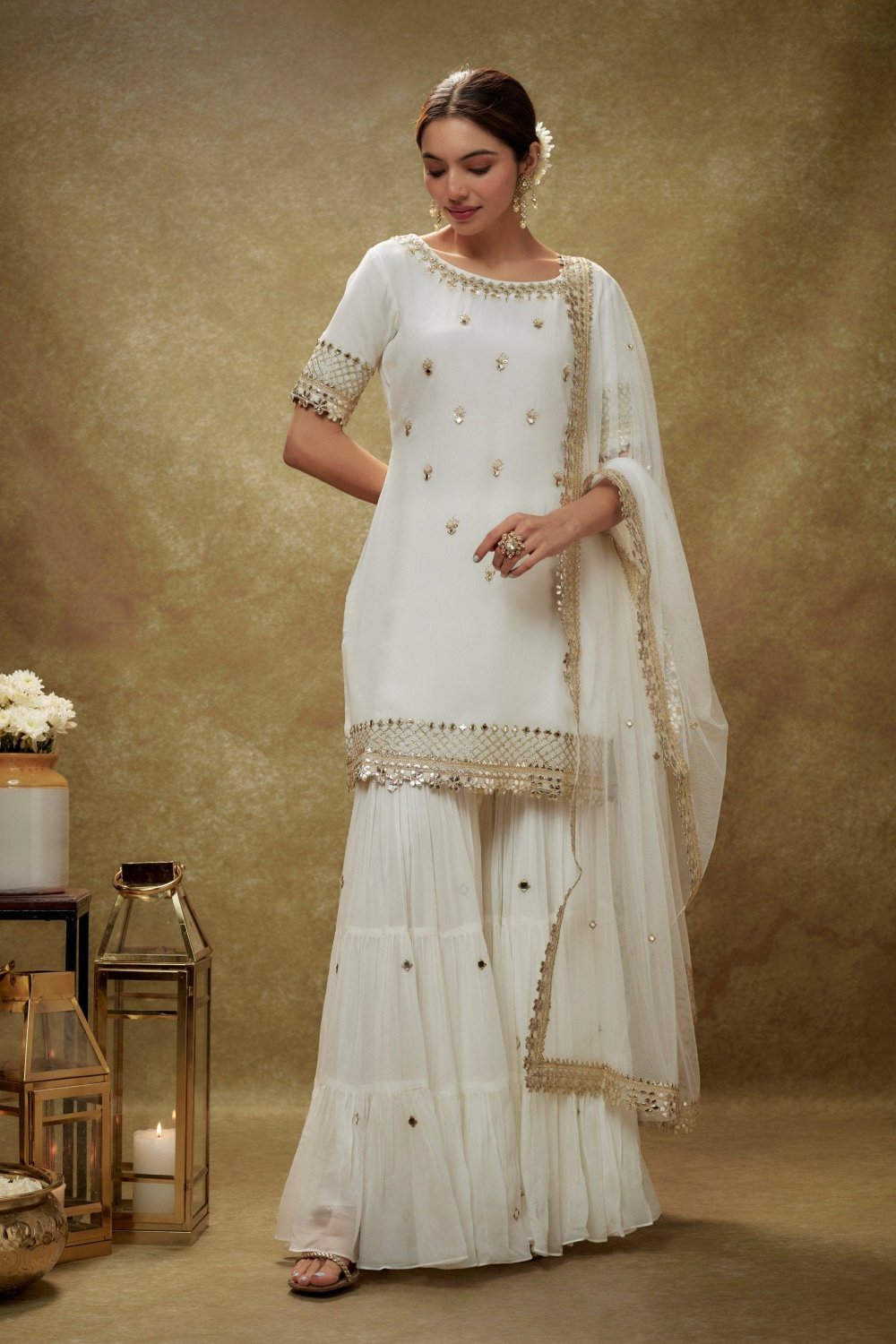 Ivory Gota Mirror Sharara Kurta Set - ladies outfit