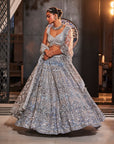 AROMATIC Ice Blue Embroidered Organza Lehenga Set - lehenga designer lehenga