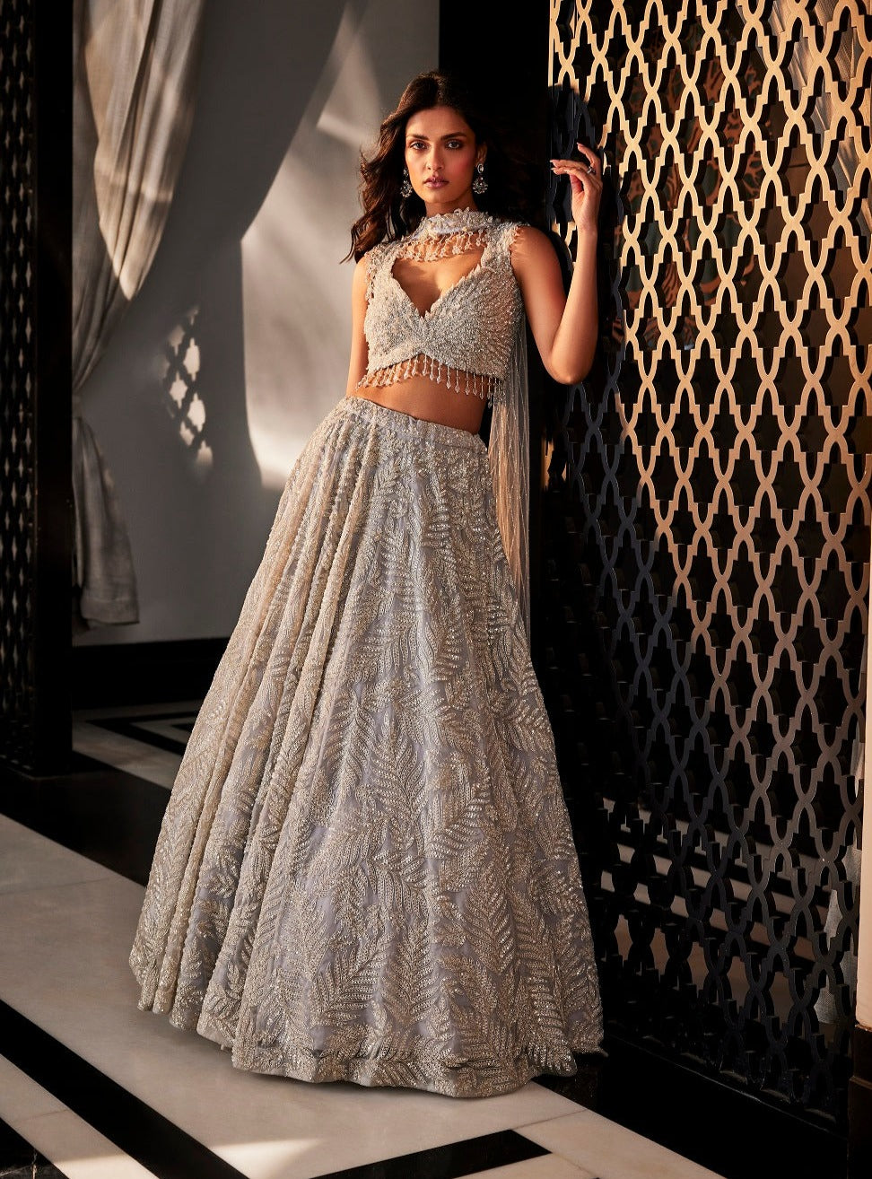 Grey Embroidered Organza Kashfi Bling Lehenga Set - lehenga choli lehenga choli