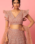 Dusty Peach Organza Thread and Sequins Embroidered Lehenga - designer lehenga New Zealand