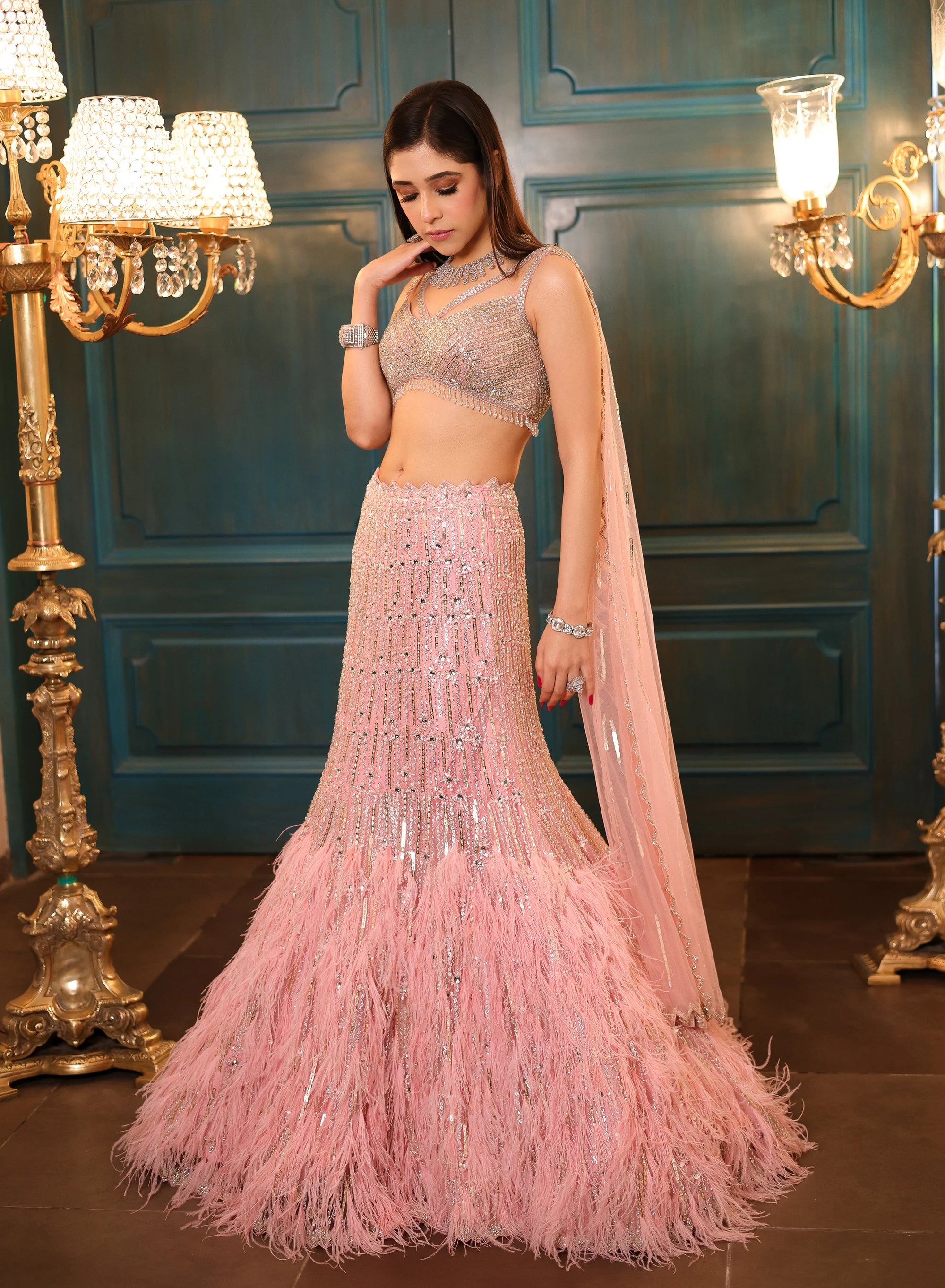 Pink Feather Fishcut Lehenga - pink lehenga New Zealand