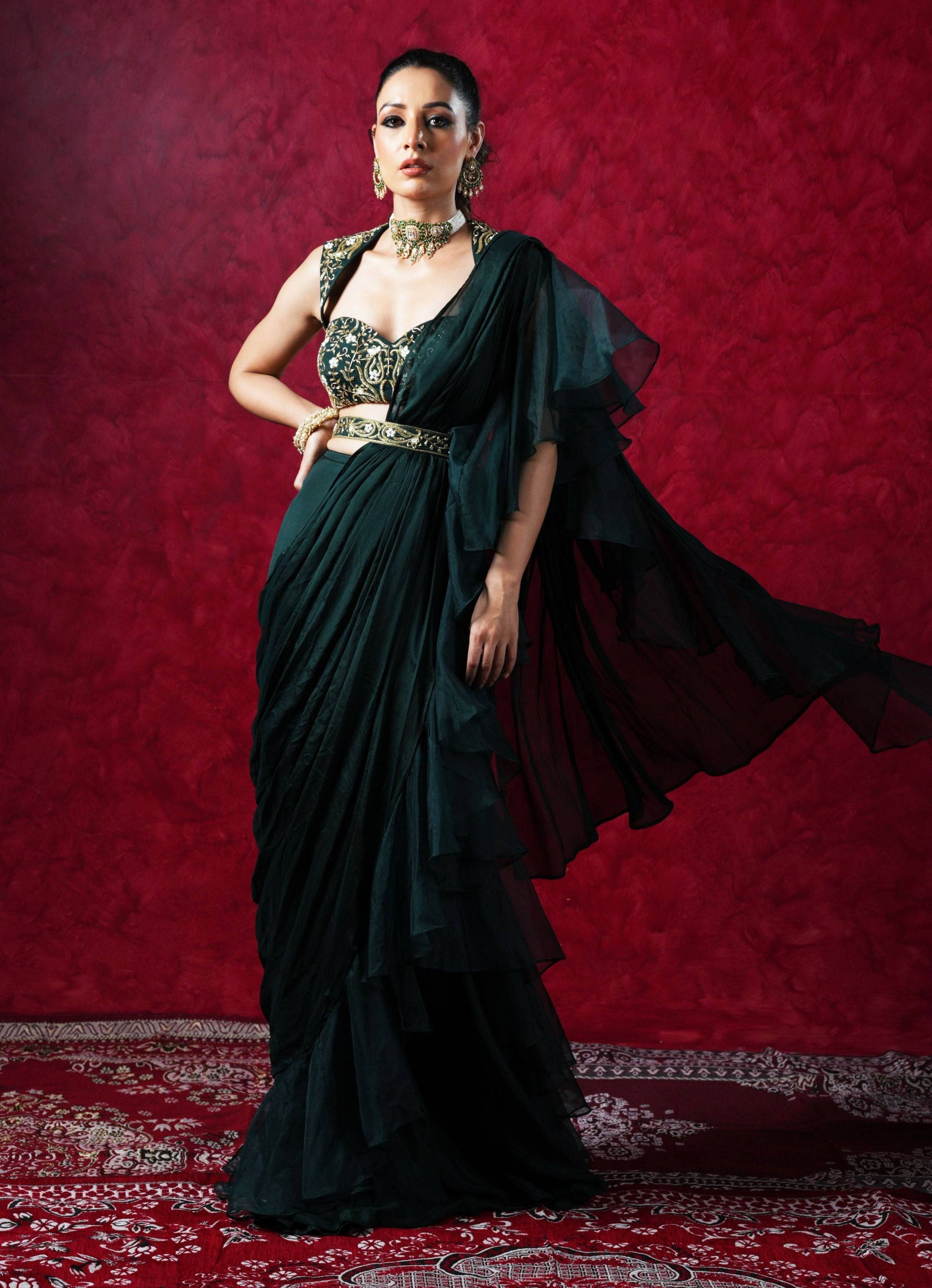 LARA Ruffle Saree - black ruffle saree Australia