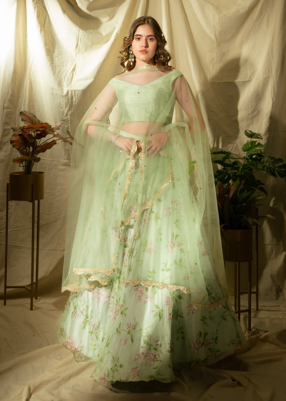 Sky Blue Floral Organza Lehenga Set - organza lehenga