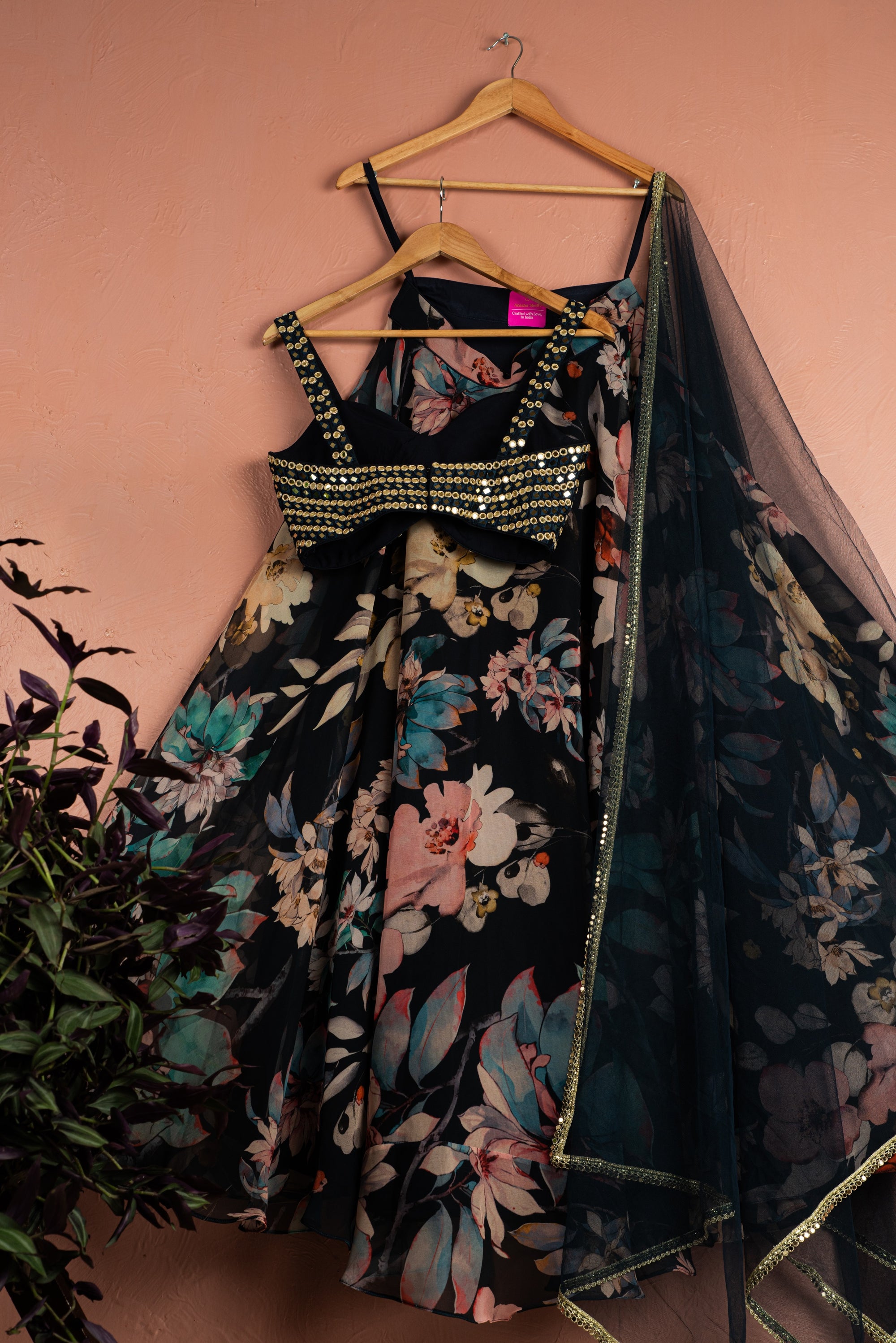Midnight Blue Floral Blossom Lehenga with Gold & Blue Mirror Work Blouse Set - floral lehenga set Sydney
