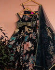 Midnight Blue Floral Blossom Lehenga with Gold & Blue Mirror Work Blouse Set - floral lehenga set Sydney