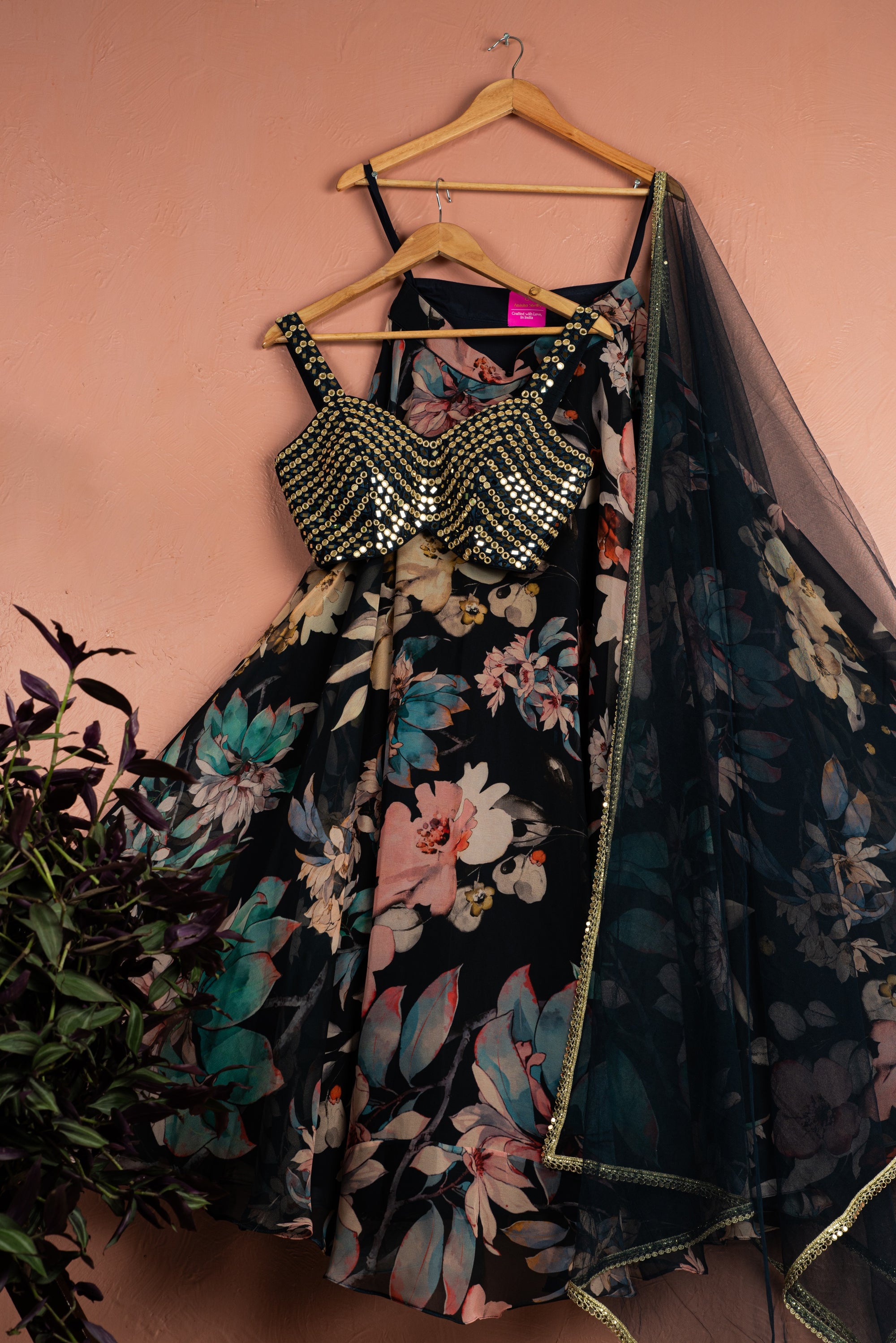 Midnight Blue Floral Blossom Lehenga with Gold & Blue Mirror Work Blouse Set - floral lehenga set Sydney