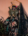 Midnight Blue Floral Blossom Lehenga with Gold & Blue Mirror Work Blouse Set - floral lehenga set Sydney