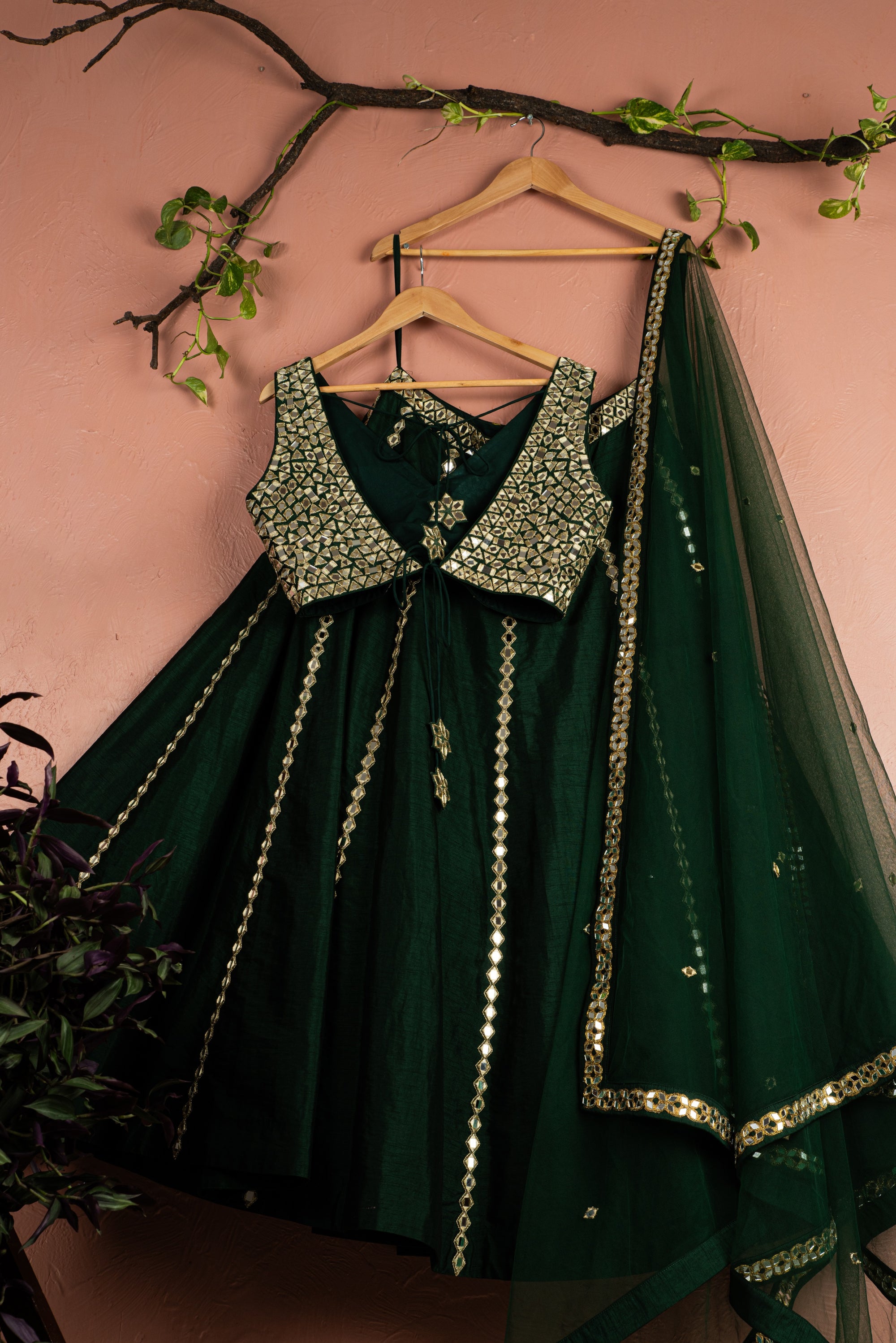 Emerald Green Mirror Work Lehenga Set - mirror work lehenga Australia